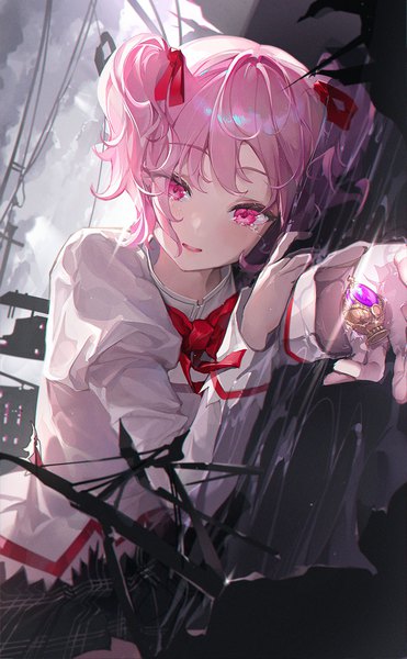 Anime picture 800x1294 with mahou shoujo madoka magica shaft (studio) kaname madoka ttosom single tall image looking at viewer short hair twintails pink hair lying pink eyes tears partially submerged on side short twintails sideways girl uniform ribbon (ribbons)