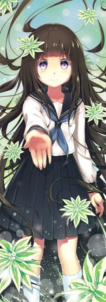 Anime picture 400x1131 with hyouka kyoto animation chitanda eru unya (unya-unya) tall image looking at viewer blush black hair purple eyes very long hair girl skirt uniform flower (flowers) plant (plants) serafuku