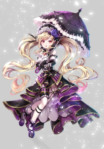 Anime-Bild 1400x2000 mit figureheads original tamashiro single tall image looking at viewer fringe open mouth blonde hair red eyes twintails very long hair pointy ears grey background fang (fangs) slit pupils lolita fashion goth-loli girl dress