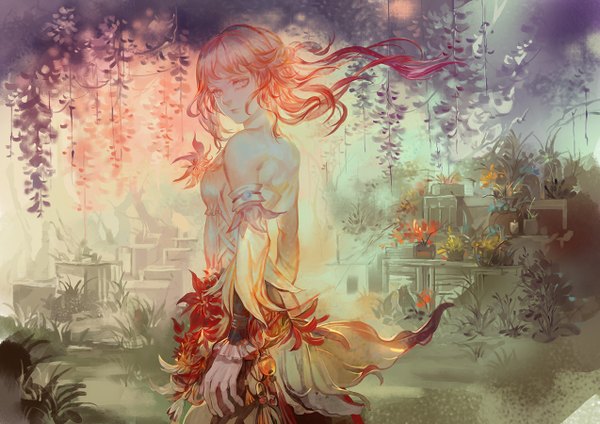 Anime-Bild 1273x900 mit original pixiv fantasia pixiv fantasia t afra single fringe breasts standing pink hair pink eyes looking back multicolored hair wind lips gradient hair bare back girl flower (flowers) plant (plants) detached sleeves