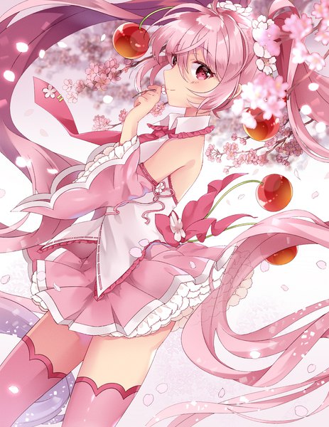 Anime picture 1200x1554 with vocaloid hatsune miku sakura miku yuni (irohasuiroiro) single tall image looking at viewer fringe hair between eyes twintails pink hair very long hair profile pink eyes hair flower cherry blossoms girl thighhighs flower (flowers) detached sleeves