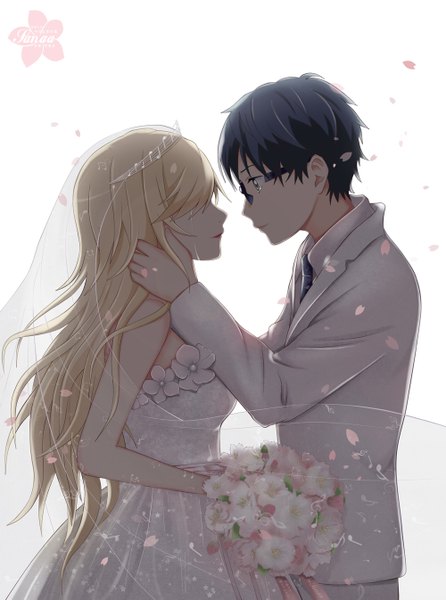 Anime picture 1000x1345 with shigatsu wa kimi no uso a-1 pictures miyazono kaori arima kousei sanaa long hair tall image fringe short hair blue eyes black hair simple background blonde hair smile hair between eyes white background holding signed ahoge profile