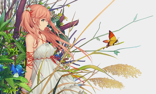 Anime picture 1660x1000 with original niya tidsean long hair fringe simple background wide image twintails bare shoulders green eyes looking away pink hair upper body nail polish profile wind grey background arm behind back holding arm girl