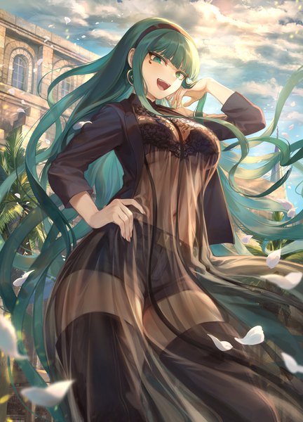Anime picture 1392x1932 with fate (series) fate/grand order cleopatra (fate/grand order) mashuu (neko no oyashiro) single long hair tall image looking at viewer blush fringe breasts open mouth light erotic smile standing green eyes sky cloud (clouds) outdoors blunt bangs