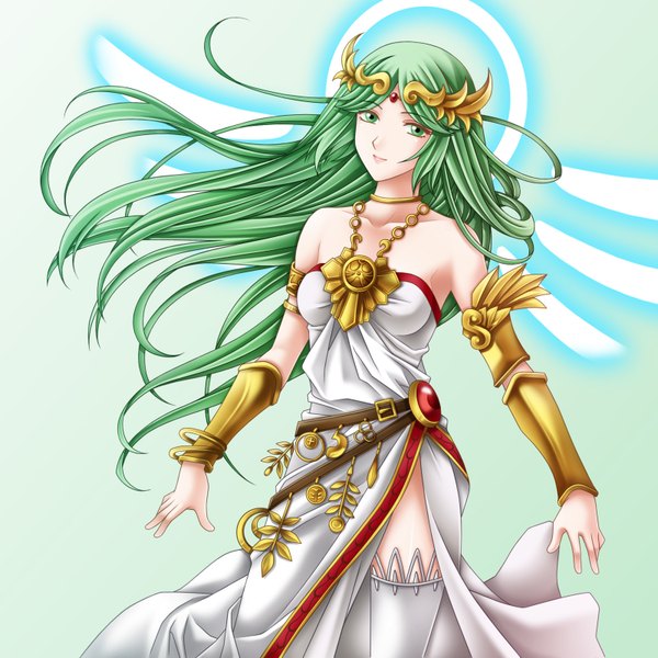 Anime picture 1600x1600 with kid icarus palutena tamamon single long hair looking at viewer bare shoulders green eyes green hair girl thighhighs dress hair ornament white thighhighs bracelet