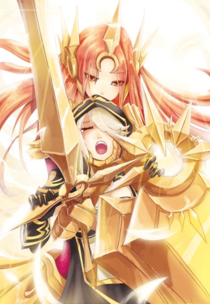 Anime picture 900x1300 with league of legends ashe (league of legends) leona (league of legends) beanbean1988 long hair tall image fringe open mouth blonde hair multiple girls yellow eyes pink hair eyes closed sunlight hair over one eye light girl weapon 2 girls armor