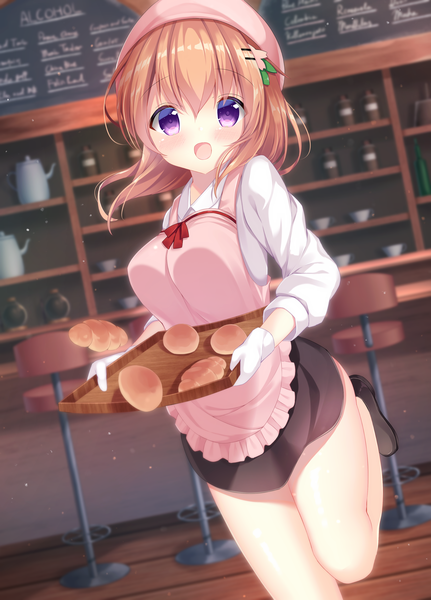 Anime picture 2646x3679 with gochuumon wa usagi desu ka? white fox hoto cocoa pizzzica single tall image looking at viewer blush highres short hair open mouth light erotic standing purple eyes indoors :d orange hair bare legs standing on one leg girl