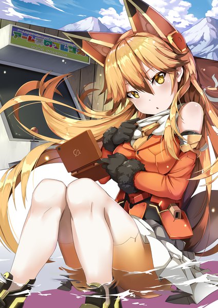 Anime picture 2893x4092 with kemono friends ezo red fox (kemono friends) jie laite single long hair tall image looking at viewer blush fringe highres breasts open mouth light erotic blonde hair hair between eyes sitting animal ears yellow eyes sky cloud (clouds)