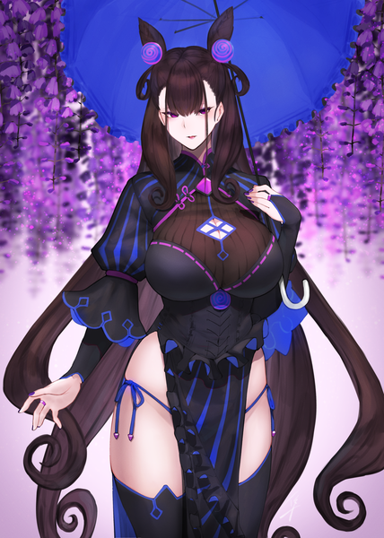 Anime picture 2381x3340 with fate (series) fate/grand order murasaki shikibu (fate) hayabusa single tall image looking at viewer blush fringe highres breasts light erotic hair between eyes brown hair large breasts standing purple eyes holding payot very long hair