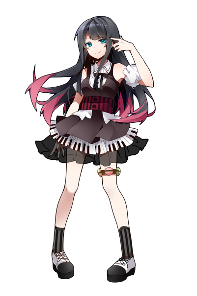 Anime picture 1004x1500 with original sakura yuki (clochette) single long hair tall image looking at viewer blue eyes black hair multicolored hair two-tone hair transparent background girl dress socks shoes striped socks