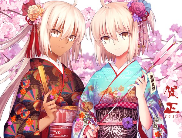 Anime picture 1714x1300 with fate (series) fate/grand order koha-ace okita souji (fate) (all) okita souji (koha-ace) okita souji alter (fate) gogatsu fukuin long hair fringe highres short hair blonde hair smile hair between eyes multiple girls ahoge traditional clothes japanese clothes one side up cherry blossoms