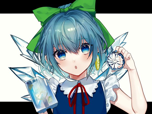 Anime picture 2000x1500 with touhou cirno renkarua single looking at viewer blush fringe highres short hair blue eyes hair between eyes white background blue hair nail polish head tilt :o adapted costume girl bow hair bow