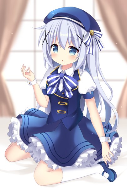 Anime picture 692x1024 with gochuumon wa usagi desu ka? white fox kafuu chino mayo (miyusa) single long hair tall image blush blue eyes sitting looking away silver hair full body :o puffy sleeves wariza girl socks shoes white socks