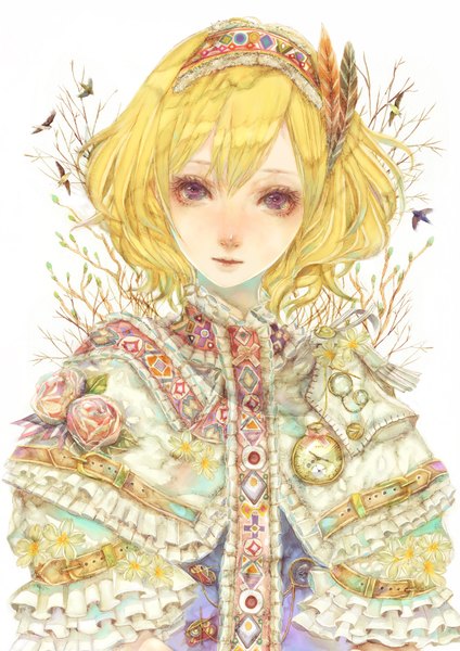 Anime picture 1200x1697 with touhou alice margatroid yogisya single tall image short hair blonde hair white background purple eyes girl flower (flowers) animal hairband bird (birds) feather (feathers) branch