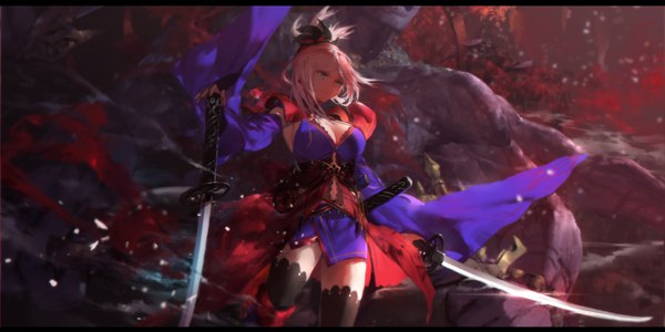 Anime picture 4000x2000 with fate (series) fate/grand order miyamoto musashi (fate) swd3e2 single highres short hair breasts blue eyes light erotic wide image large breasts standing holding looking away pink hair cleavage traditional clothes japanese clothes wide sleeves