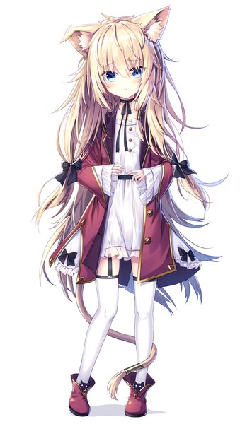 Anime picture 2428x4092 with original satou (3366 s) single long hair tall image looking at viewer fringe highres blue eyes simple background blonde hair hair between eyes white background animal ears full body tail long sleeves very long hair animal tail cat ears