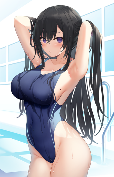 Anime picture 735x1139 with original miko (royal milk) single long hair tall image looking at viewer blush fringe breasts open mouth light erotic black hair hair between eyes large breasts standing purple eyes payot cleavage indoors mole