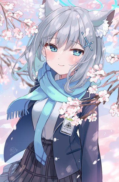 Anime picture 981x1500 with blue archive shiroko (blue archive) masshirokachi single tall image looking at viewer blush short hair blue eyes smile animal ears outdoors grey hair cherry blossoms spring girl uniform school uniform scarf branch