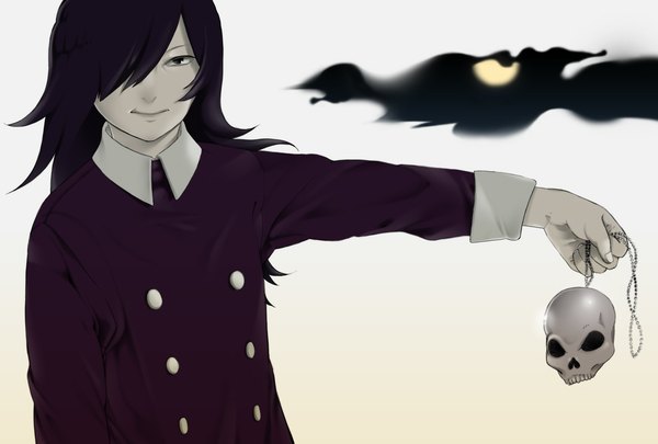 Anime picture 1165x787 with gakkou no kowai uwasa: hanako-san ga kita!! yamiko (gakkou no kowai uwasa) nadajima single long hair looking at viewer fringe holding sky purple hair light smile black eyes hair over one eye night sky girl dress moon chain full moon skull