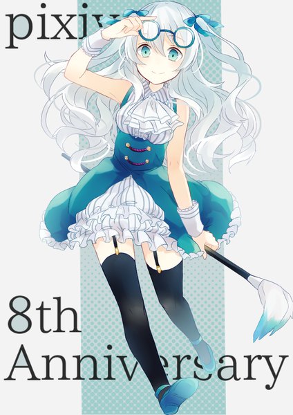 Anime picture 826x1169 with original pixiv kaneko aaru single long hair tall image looking at viewer bare shoulders silver hair full body aqua eyes light smile two side up wavy hair eyewear removed anniversary girl thighhighs black thighhighs glasses