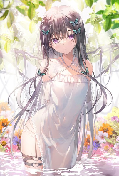 Anime picture 969x1437 with original miwabe sakura single long hair tall image looking at viewer fringe light erotic black hair hair between eyes standing purple eyes bare shoulders outdoors head tilt sparkle partially submerged hands behind back girl hair ornament