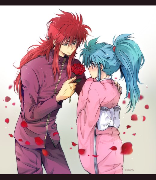 Anime picture 966x1114 with yu yu hakusho kurama botan (yuu yuu hakusho) nagisa-a long hair tall image blush fringe hair between eyes signed blue hair ponytail red hair traditional clothes japanese clothes embarrassed twitter username letterboxed hand on another's shoulder girl