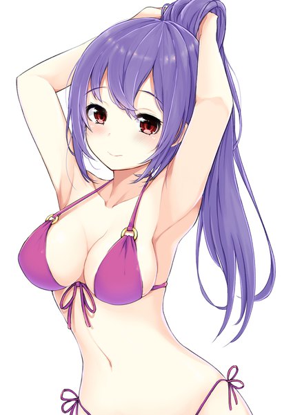 Anime picture 785x1109 with original hicha nomu single long hair tall image looking at viewer blush fringe breasts light erotic simple background hair between eyes red eyes large breasts standing white background payot cleavage purple hair arms up