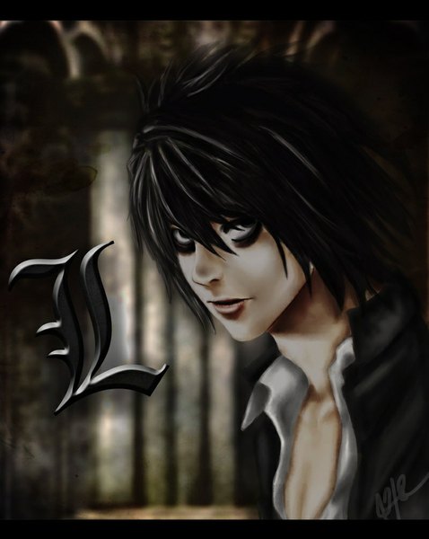 Anime picture 800x1003 with death note madhouse l (death note) single tall image looking at viewer short hair black hair signed black eyes open clothes open shirt letterboxed boy shirt