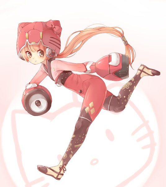 Anime picture 1071x1200 with hello kitty vocaloid sanrio nekomura iroha rojiko single tall image looking at viewer brown eyes pink hair tail very long hair looking back running girl bow headphones bodysuit helmet