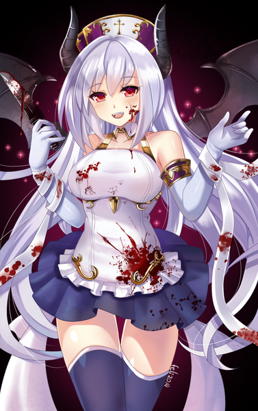 Anime picture 1063x1691 with original felicia-val single tall image looking at viewer blush fringe breasts open mouth simple background smile red eyes large breasts signed silver hair pleated skirt horn (horns) alternate costume shiny skin black background