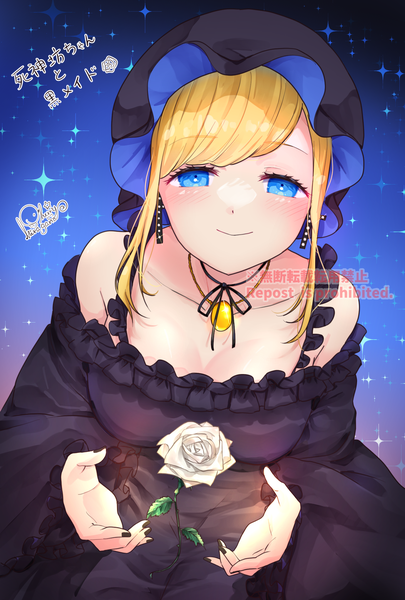 Anime picture 1378x2039 with shinigami bocchan to kuro maid alice (shinigami bocchan to kuro maid) hiragana sherry single long hair tall image looking at viewer blush blue eyes blonde hair smile signed nail polish from above copyright name watermark black nail polish girl dress flower (flowers)