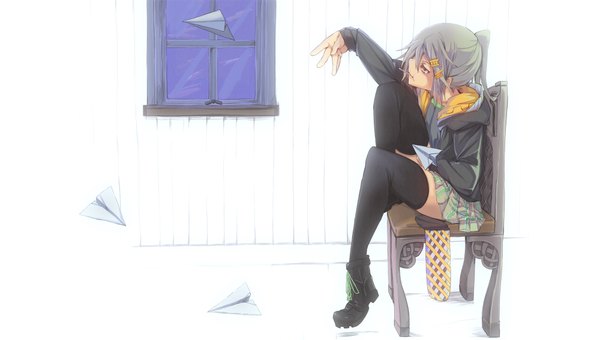 Anime picture 2000x1134 with original usami taiga fu-ta single long hair highres wide image sitting holding brown eyes looking away silver hair bent knee (knees) ponytail head tilt profile pleated skirt arm up open jacket leaning
