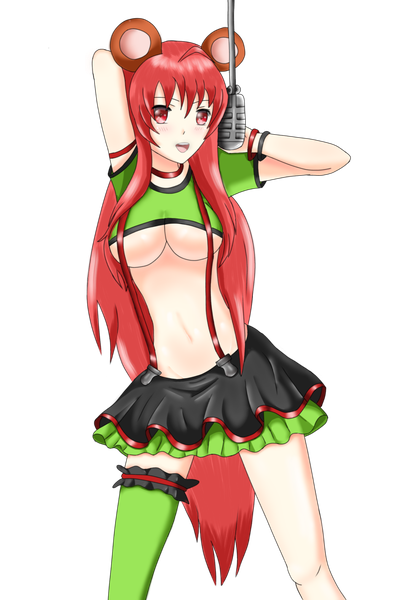 Anime picture 1340x2024 with original kristi palmer31 single tall image looking at viewer blush fringe breasts open mouth light erotic smile red eyes large breasts standing holding animal ears red hair very long hair pleated skirt bare belly