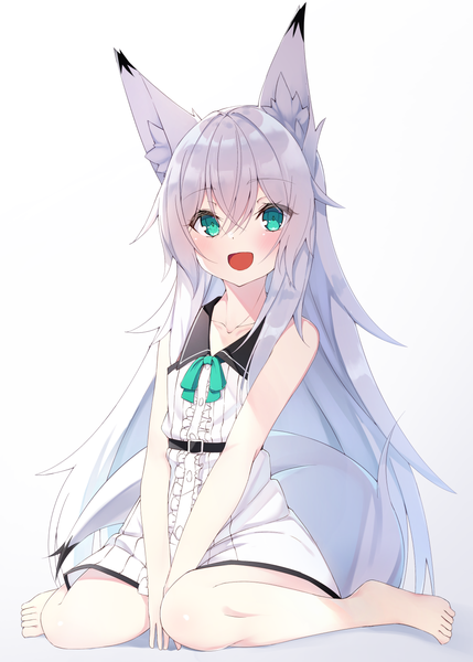 Anime picture 1072x1500 with original shiro youduki single long hair tall image looking at viewer blush fringe open mouth simple background smile hair between eyes sitting bare shoulders silver hair bent knee (knees) :d barefoot aqua eyes shadow