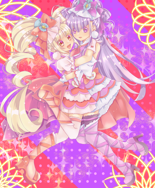 Anime picture 1400x1700 with precure hugtto! precure toei animation ruru amour aisaki emiru cure amour cure macherie nekoyaro tall image looking at viewer fringe open mouth blonde hair smile hair between eyes red eyes purple eyes twintails bare shoulders multiple girls