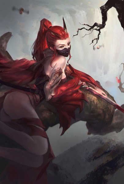Anime picture 1000x1479 with rabbit (tukenitian) single long hair tall image light erotic red eyes bent knee (knees) ass ponytail red hair horn (horns) eyebrows bare tree girl weapon plant (plants) sword tree (trees) katana blood
