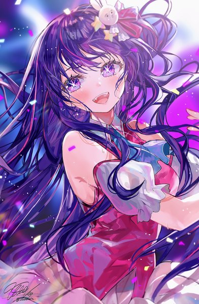 Anime picture 4531x6944 with oshi no ko hoshino ai (oshi no ko) utsuhostoria single long hair tall image looking at viewer blush fringe highres open mouth hair between eyes purple eyes absurdres purple hair upper body :d symbol-shaped pupils girl dress