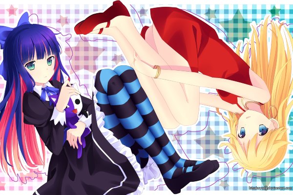 Anime picture 1200x800 with panty & stocking with garterbelt anarchy stocking anarchy panty hitsukuya long hair open mouth blue eyes blonde hair smile multiple girls green eyes pink hair purple hair multicolored hair colored inner hair girl dress bow 2 girls hair bow
