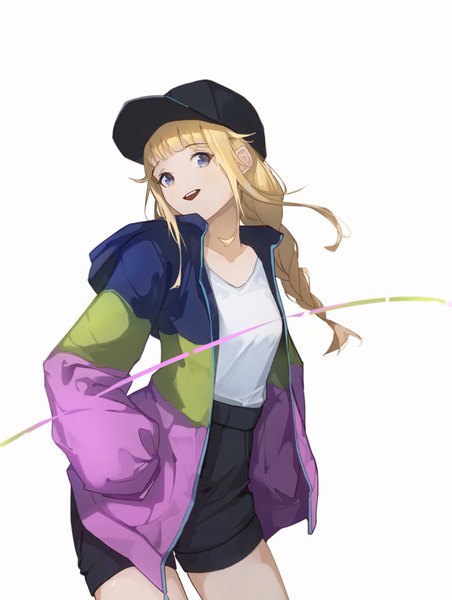 Anime picture 3724x4948 with paripi koumei tsukimi eiko spica-sh single long hair tall image looking at viewer fringe highres open mouth blue eyes simple background blonde hair white background payot absurdres braid (braids) :d open jacket hands in pockets