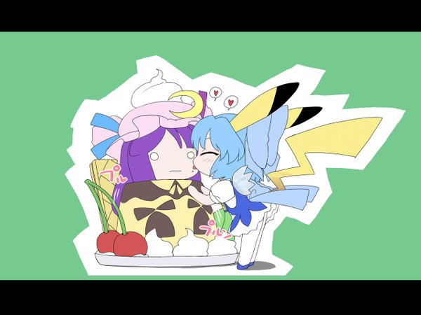 Anime picture 1280x960 with pokemon touhou nintendo patchouli knowledge cirno pikachu tail chibi cosplay licking parody gen 1 pokemon o o pikachu (cosplay) girl ribbon (ribbons) food berry (berries) cherry pudding