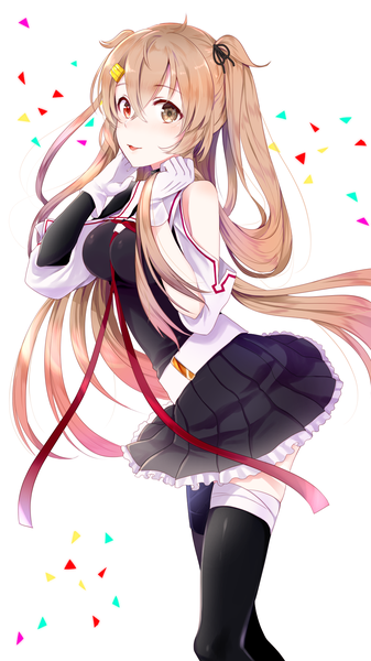 Anime picture 1000x1779 with kantai collection murasame destroyer yuna (yukiyuna) single long hair tall image looking at viewer fringe blonde hair hair between eyes white background twintails heterochromia holding hair remodel (kantai collection) girl thighhighs gloves uniform black thighhighs