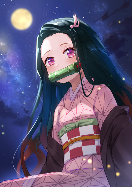 Anime picture 1003x1416 with kimetsu no yaiba ufotable kamado nezuko omelet tomato single long hair tall image looking at viewer blush black hair sitting holding cloud (clouds) traditional clothes japanese clothes pink eyes off shoulder night night sky mouth hold