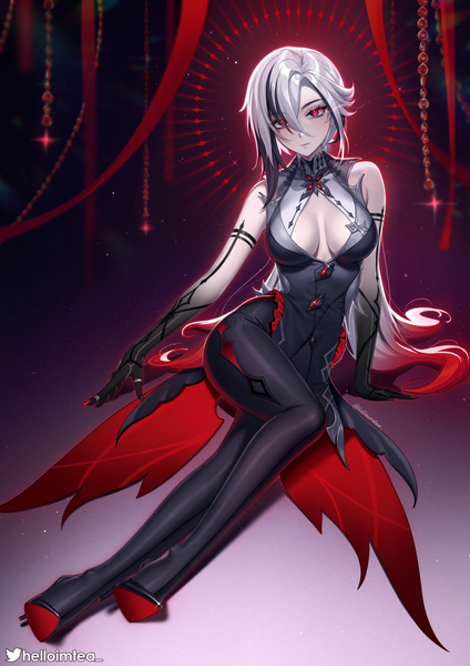 Anime picture 848x1200 with genshin impact arlecchino (genshin impact) helloimtea single tall image fringe short hair breasts light erotic hair between eyes red eyes large breasts sitting cleavage silver hair full body head tilt multicolored hair high heels streaked hair