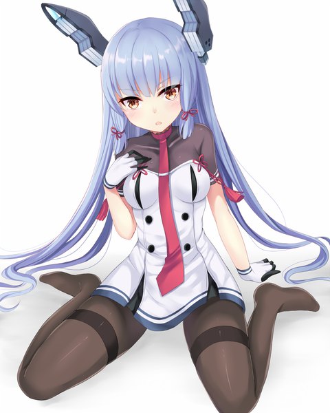 Anime picture 800x1000 with kantai collection murakumo destroyer harimoji single tall image looking at viewer blush fringe breasts simple background white background sitting brown eyes blue hair full body bent knee (knees) very long hair parted lips arm support no shoes