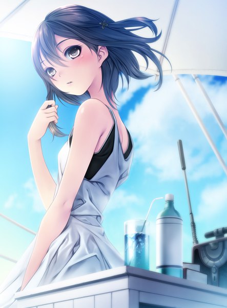 Anime picture 812x1100 with original rezi single tall image blush short hair black hair bare shoulders brown eyes looking away cloud (clouds) wind girl dress sundress drink glass