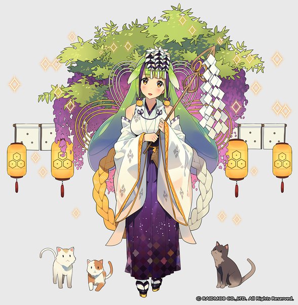 Anime picture 1176x1200 with original ddal single long hair tall image looking at viewer blush open mouth smile bare shoulders yellow eyes full body traditional clothes head tilt japanese clothes green hair wide sleeves nontraditional miko girl skirt