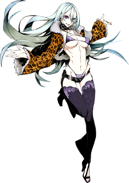 Anime picture 671x951 with 7th dragon 2020 psychic (7th dragon) miwa shirow single long hair tall image looking at viewer breasts light erotic smile purple eyes blue hair full body bent knee (knees) official art spread arms transparent background eyeshadow leg lift (legs lift) girl