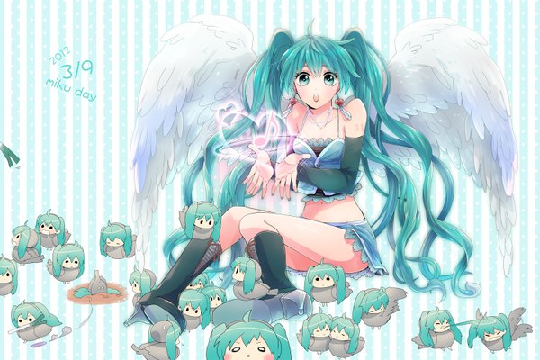 Anime picture 1500x1000 with vocaloid hatsune miku irono yoita (artist) single open mouth twintails bare shoulders very long hair aqua eyes girl skirt detached sleeves earrings miniskirt animal wings boots bird (birds)