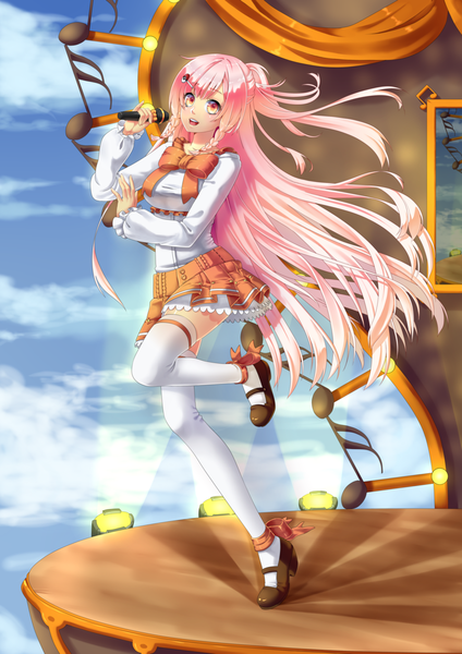 Anime picture 800x1133 with original vali (valiryn) single long hair tall image open mouth smile yellow eyes pink hair sky cloud (clouds) ponytail braid (braids) twin braids half updo girl thighhighs skirt hair ornament bow