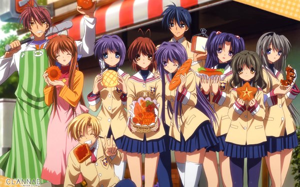 Anime picture 1920x1200 with clannad key (studio) furukawa nagisa fujibayashi kyou sakagami tomoyo ibuki fuuko ichinose kotomi fujibayashi ryou okazaki tomoya furukawa sanae sunohara youhei furukawa akio highres wide image food bread melon bread